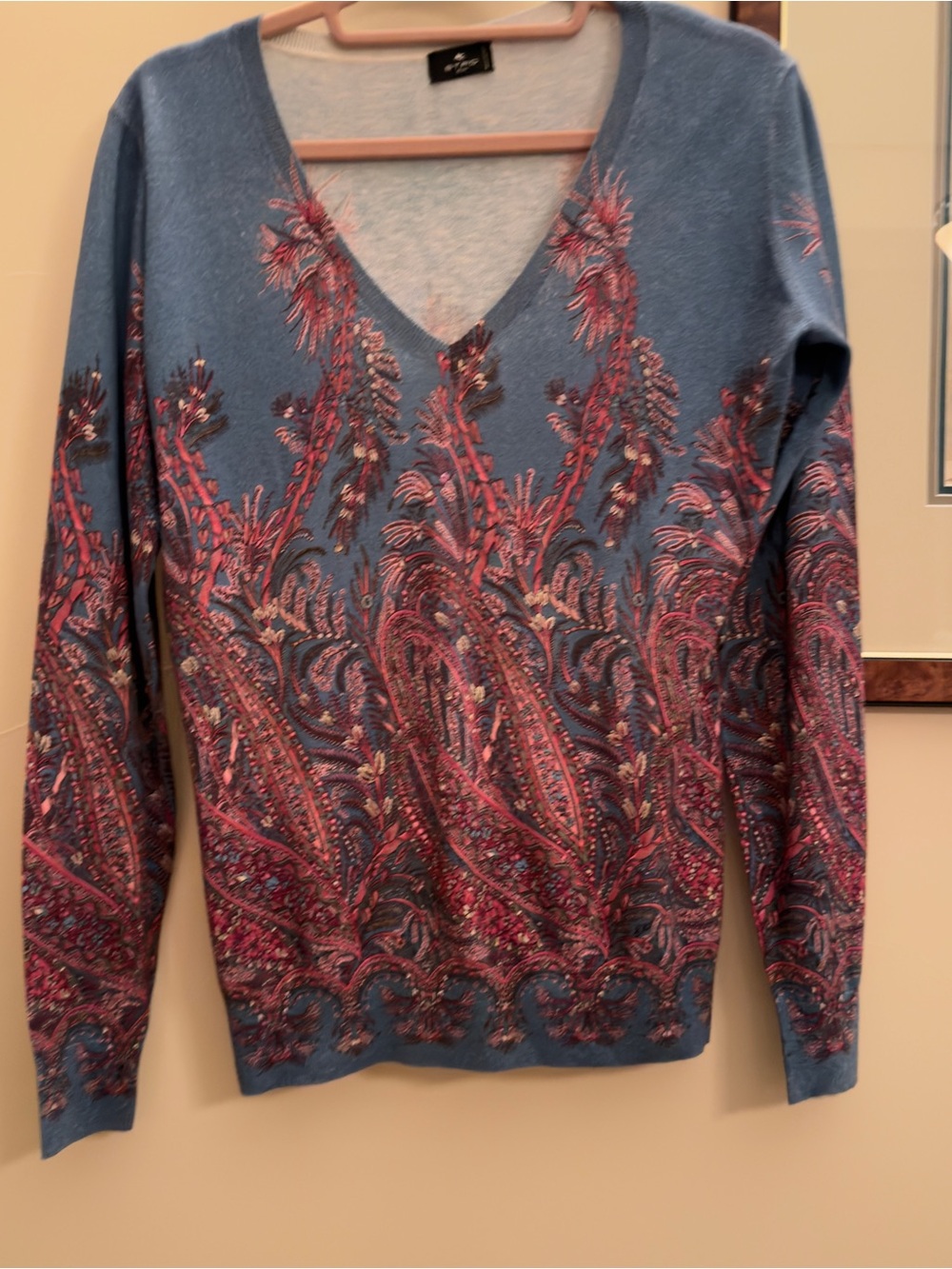 Etro Cashmere, Silk Blue and Pink Knit Sweater with Paisley